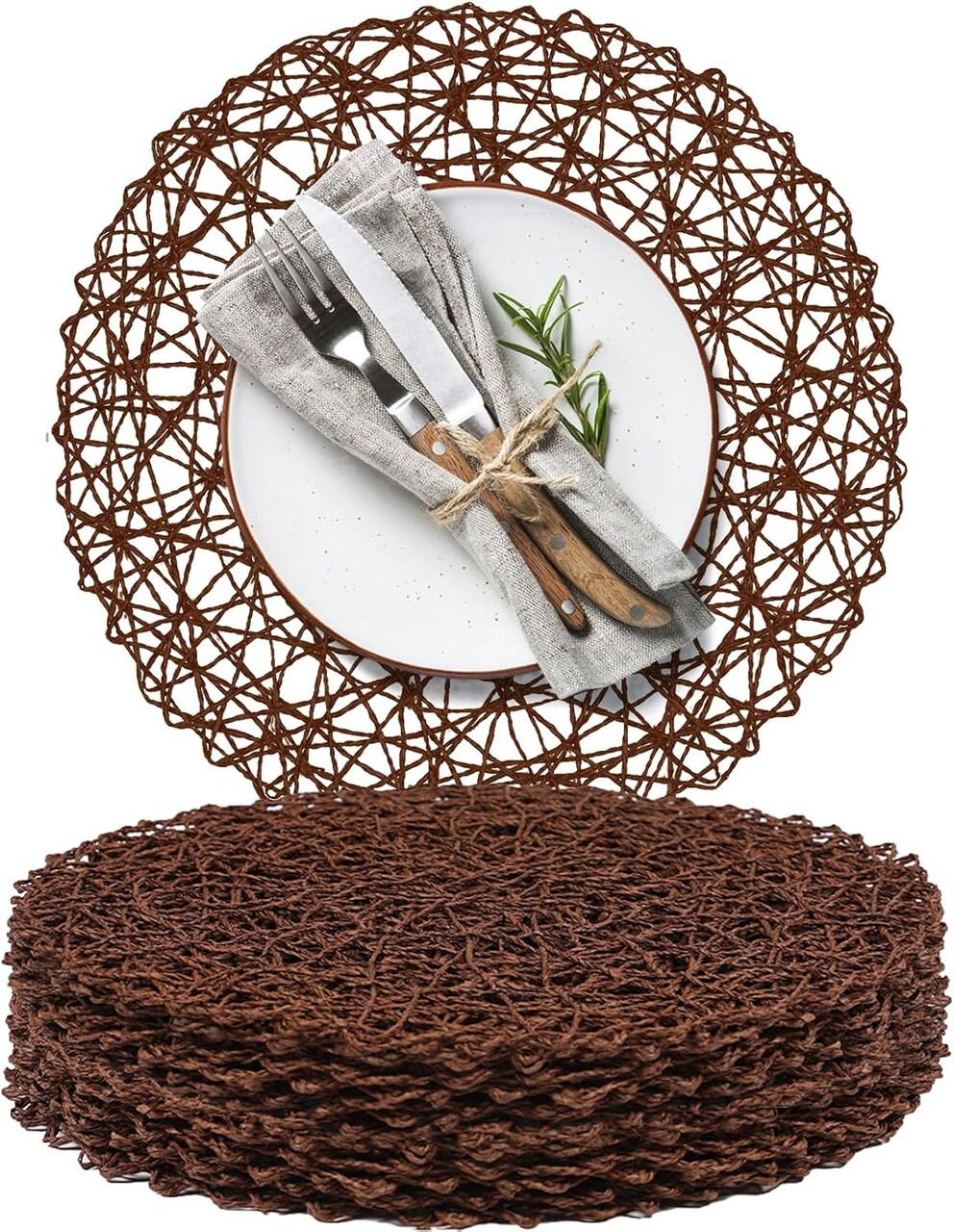 Paper Braided Round Placemats Set of 12 Natural Non-Slip Heat Resistant Table Mats for Dining Tables Woven Indoor & Outdoor Place mats(Coffee,12)